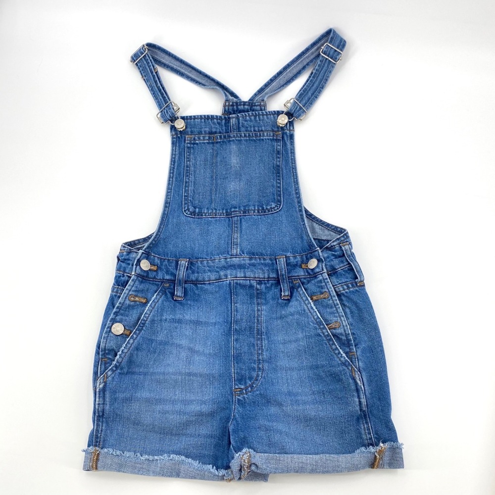 Madewell Denim‎ Bib Overall Shorts Womens XXS Blue Medium Wash Raw Hem Country